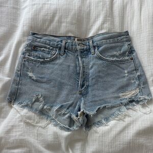 Agolde Faded Light Blue Distressed Denim Shorts